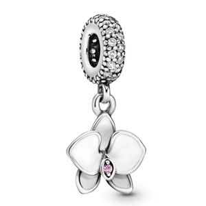 NWOT White Orchid Flower Dangle Charm Cubic Zirconia / Sterling Silver 925